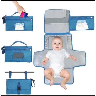 Imagem de Trocador de fraldas portátil, trocador portátil para meninas e meninos recém-nascidos – trocador de bebê com bolso inteligente para lenços – Kit de troca de viagem à prova d'água –