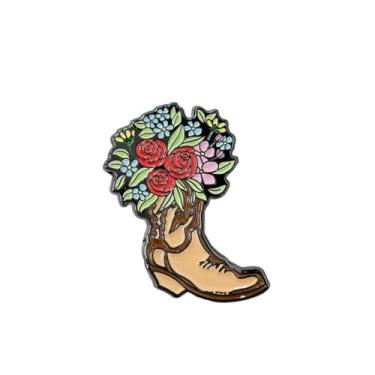 Imagem de Bota de cowboy ocidental broche de flores rosa para mulheres homens estilo deserto vaqueira marrom sapato esmalte broche novidade broches planta buquê floral distintivo lapela alfinetes jaqueta roupas