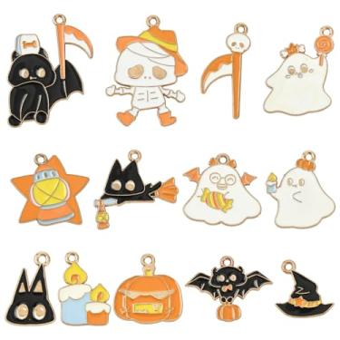 Imagem de UR URLIFEHALL 65 peças, 13 estilos, berloques esmaltados de Halloween, fofos, abóbora, caveira, fantasma, morcego, pingentes para pulseira faça você mesmo, colar, chaveiro, fabricação de joias
