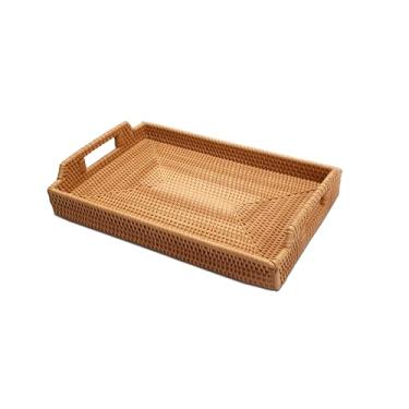 Imagem de Bandeja de vime, bandeja de tecido YACEYACE com alças a granel, bandejas retangulares pequenas de vime para casa, otomano, mesa de centro, 33,8 cm A x 24 cm C x 4 cm L
