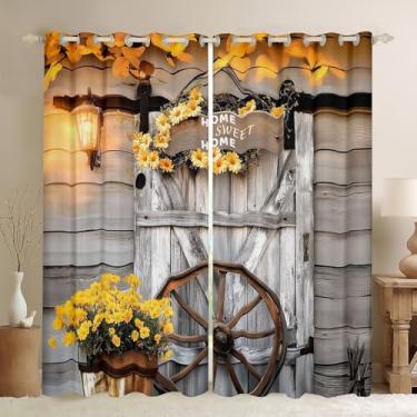 Imagem de Cortinas blackout rústicas para decoração de porta de celeiro para quarto, cortinas de janela com flores de margarida, 2 painéis, 106 cm L x 150 cm C C, madeira, vintage, placa de madeira, tratamentos