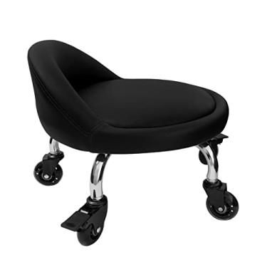 Imagem de IMMER LIEBEN Banqueta de rodinhas com encosto de altura baixa com rodas giratórias universais para escritório em casa, adulto, cadeira infantil, garagem, biblioteca de couro PU preto