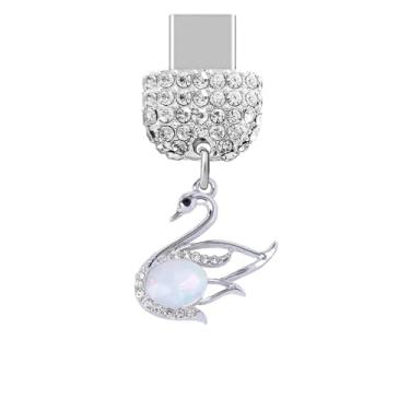 Imagem de ELISE & FONDA TP921 Tipo-C porta de carregamento cristal antipoeira pequeno 3D Swan pingente de celular para iPhone 15/16/Samsung/OnePlus/Xiaomi/oppo telefones Android (branco)
