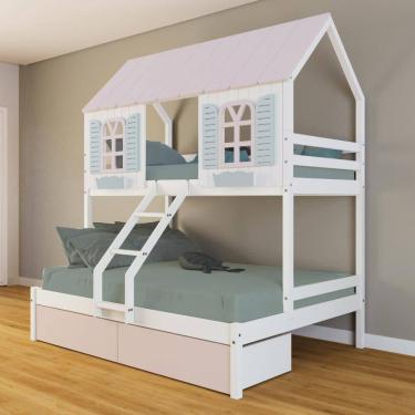 Imagem de Beliche Casal/ Solteiro Casinha Bela 02 Gavetas Rosa - Madeira Maciça Branco/Rosa/Verde | Housin