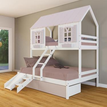 Imagem de Beliche Casal/ Solteiro Casinha Bela 02 Gavetas Rosa Kit Escada/Escorregador - Madeira Maciça Branco/Rosa | Housin