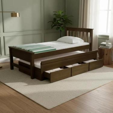 Imagem de Bicama Solteiro Madeira Maciça Esmeralda Cama Auxiliar Com 3 Gavetas -