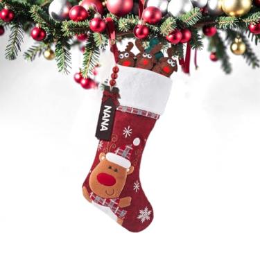 Imagem de Meias de Natal personalizadas com etiquetas de nome, meias vermelhas grandes de Natal de 45,7 cm, bolsa de presente para crianças, lareira, escadas, decoração de árvore de Natal (rena)