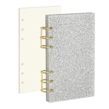 Imagem de PATIKIL Capa para caderno com 6 anéis, fichário acrílico com glitter A6, 2 anéis redondos de metal dourado com 90 folhas, papéis internos em branco para planejador de viagens, escritório, orçamento