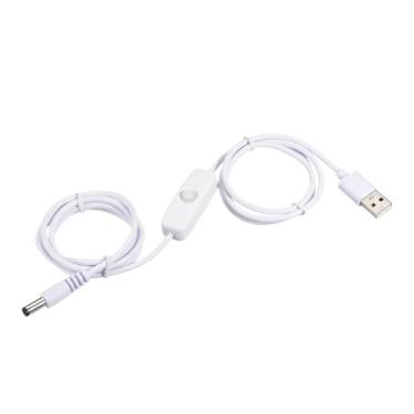 Imagem de POWTAXBJGD 1 cabo USB com interruptor liga/desliga USB macho para 5,5 x 2,1 mm DC macho cabo de extensão 150 cm branco para lâmpada de mesa LED faixa de LED