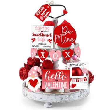 Imagem de Jetec Conjunto de 12 peças de bandeja em camadas para o dia dos namorados, placa de madeira, gnomo, caminhão, rústico, para decoração de mesa para dia dos namorados romântico, cozinha doméstica (gnomo