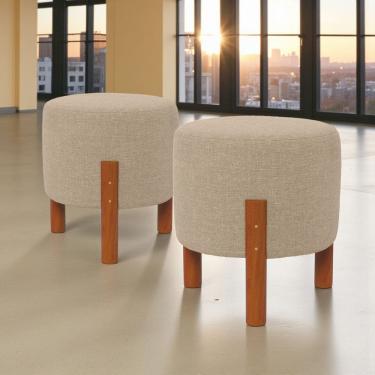 Imagem de Kit 2 Puffs Sala Redondos Eros Linho Banqueta Pés Madeira Retrô Decorativo