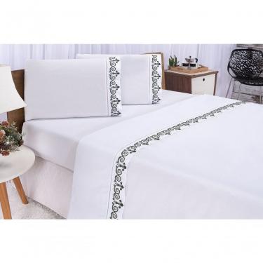 Imagem de Jogo Lençol Atenas Quarto Casal Queen Bordado 4 Peças 2fronha Cor: Branco Com Verde Petróleo