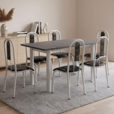 Imagem de Conjunto Sala de Jantar Mesa Tubular Tampo Granito Ocre com 6 Cadeiras Fernanda Branco/Preto Floral