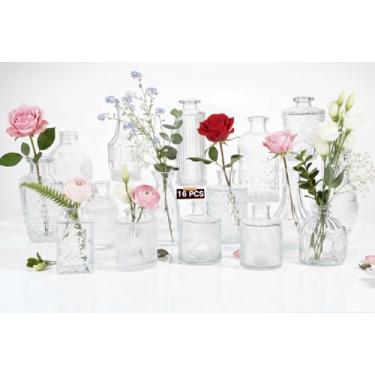 Imagem de Conjunto de 16 vasos de vidro, pequenos vasos de vidro para flores, vasos vintage para centros de mesa, vaso de vidro pequeno para decorações de casamento rústicas, decoração de flores de mesa para