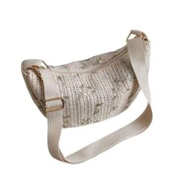 Imagem de Bolsa de ombro feminina trançada feita à mão com tecido de palha fofa de grande capacidade (branca)