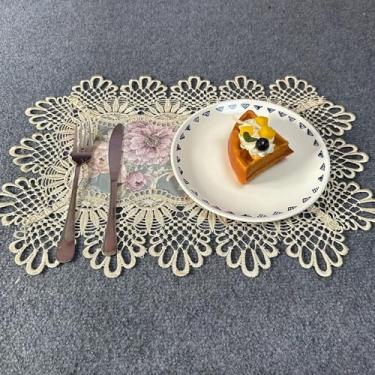 Imagem de Jogo americano de renda, conjunto de 4 toalhas de mesa de renda de macramê bordadas, floral, retangular, tapetes de mesa naturais resistentes ao calor, para casamento, festa, festa, tapete de copo de