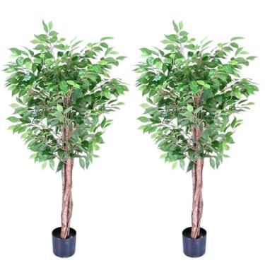 Imagem de Ficus artificial para decoração de casa, árvore decorativa de ficus falsa em vaso com folhas realistas e tronco natural, planta sintética para sala de estar interna