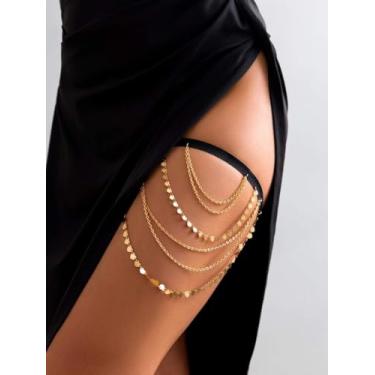 Imagem de Boho sexy em camadas disco decoração corrente de coxa faixa elástica bandagem perna coxa corrente para mulheres biquíni verão coração borlas pingente multicamadas liga cinto liga corpo jóias