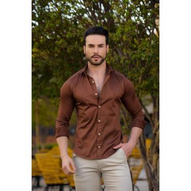 Imagem de Camisa Social Masculina Slim Manga Longa Acetinada Marrom Chocolate Co