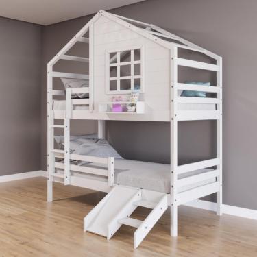 Imagem de Beliche Casinha Com Janela Com Escada/escorregador E Grade De Proteção Madeira Maciça Branco Housin
