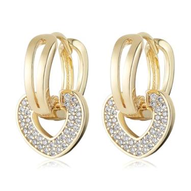 Imagem de HZMAN Brincos femininos banhados a ouro 18K de latão banhado a ouro 18 quilates com argola e coração de zircão, presentes hipoalergênicos e leves, Latão, Zircônia cúbica