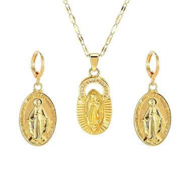 Imagem de MALOYANVE Conjunto de colar de brincos de Virgem Maria para mulheres, elegante, banhado a ouro, conjunto de joias religiosas com strass cintilantes, ideal para uso diário e confirmação de fé