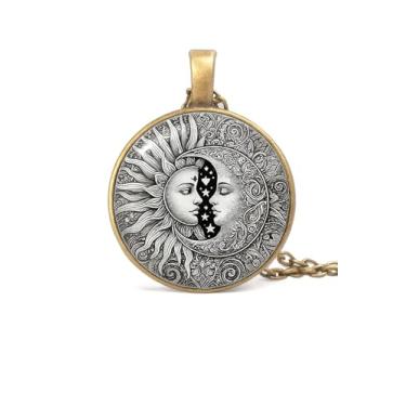 Imagem de 1 colar com pingente redondo deslumbrante - padrão exclusivo de sol e lua, mosaico de vidro estilo pintura a óleo, estrutura de liga, corrente de suéter moderno, presente moderno para mulheres