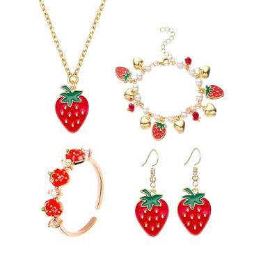 Imagem de Dreuyet Conjunto de joias de morango para mulheres - Colar bonito e realista de morango vermelho, brincos, anel, pulseira - Joias com pingente de frutas frescas pequenas e doces, Middle, Liga de aço