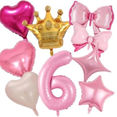 Imagem de Decorações de festa de aniversário de 6 anos, balões rosa número 6 de 101 cm, balões com coroa dourada para decoração de chá de bebê com tema de princesa