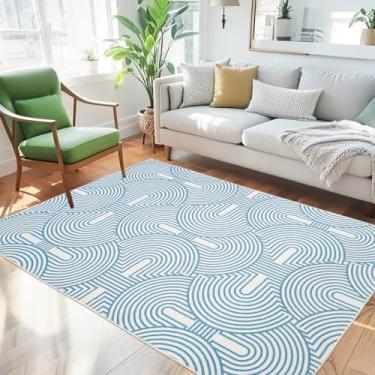 Imagem de Lacomfy Tapete abstrato moderno – Tapete chique de 0,8 x 1,5 m para quarto, curva arco-íris, geométrico, macio, tapete antiderrapante para sala de estar, dormitório, quarto de crianças, casa de