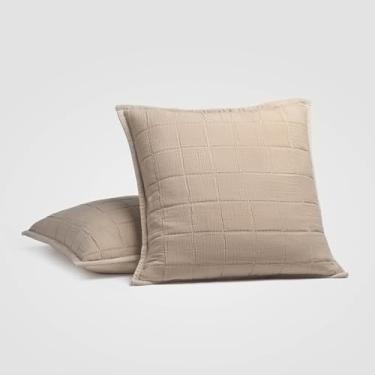 Imagem de Crane Home Calm Gray Conjunto de 2 fronhas Euro acolchoadas cinza, 66 x 66 cm, com textura acolchoada, envelope e fecho de botão de coco, tecido de mistura de algodão, certificado Oeko-TEX