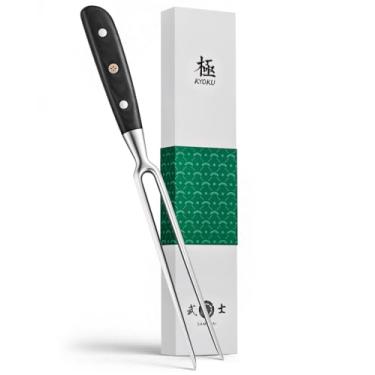 Imagem de KYOKU Garfo de escultura de cozinha, garfo de escultura de peru japonês de 20 cm para corte de carne, garfo de carne completo com pino de mosaico de alça Pakkawood, garfo de cozinha de aço inoxidável