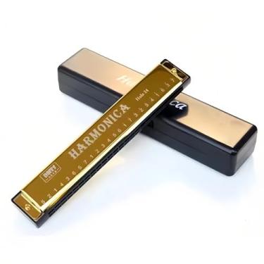 Imagem de Chave de gaita de metal de 24 furos de fileira dupla de C - órgão de boca diatônica de polifonia com capa, para blues folk jazz - ouro