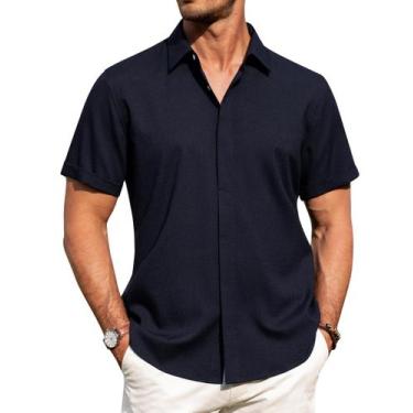 Imagem de Camisa masculina J.VER de linho e algodão, manga curta, azul marinho, 