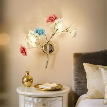 Imagem de Luminária de parede contemporânea em cerâmica com flor de rosa, LED, estilo campestre francês, criativa, para sala de estar, restaurante, quarto, menina, casa de campo, corredor, luminária d