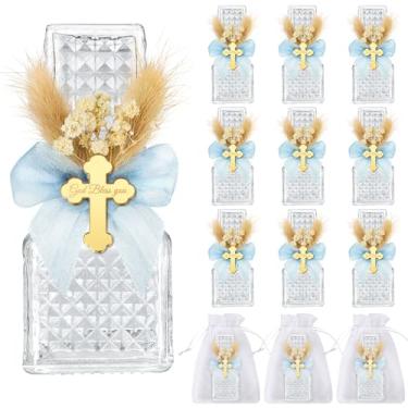 Imagem de Conjunto de 12 garrafas de água benta, lembrancinhas católicas de batismo de vidro a granel para convidados recipiente de água cristã com sacos de organza floral laço para presentes de sagrada