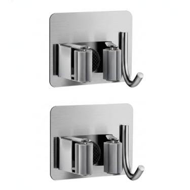 Imagem de Kit com 2 Suportes de Parede Inox para Vassouras e Rodos e Gancho Multiuso – Fixação Sem Furos, Organização Forte e Durável Suporta 5Kg