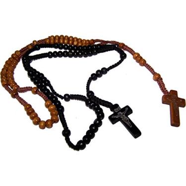 Imagem de Holy Land Market Dois terços com sacos de veludo: Colares de rosário de contas de madeira de cor preta, marrom ou marrom claro com cruz de impressão de Jesus