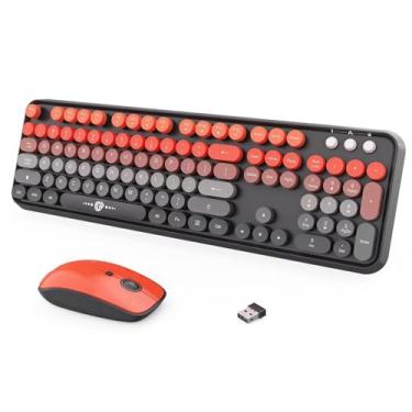 Imagem de Combo de teclado sem fio, 104 teclas redondas, lindo teclado colorido com estilo retrô de máquina de escrever, teclado Letton tamanho completo com teclado numérico e mouse com 3 DPI para PC, Mac