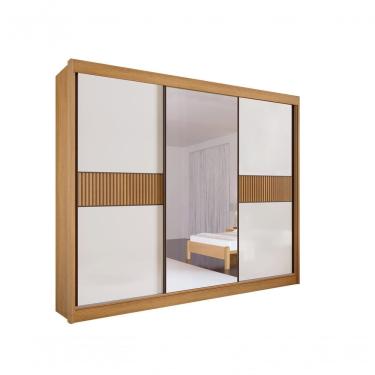 Imagem de Guarda Roupa Casal Ripado Com Espelho Sem Pés Los Angeles 3 Portas 6 Gavetas - D' Doro Cinamomo/off White/ripado