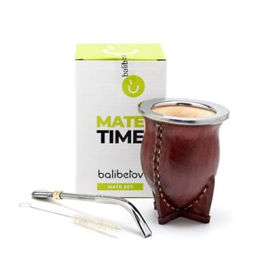 Imagem de BALIBETOV Cabaça premium de erva mate (copo matal) - mate uruguaio - envolto em couro - inclui bomba de aço inoxidável e escova de limpeza. (Camionero Borgonha)