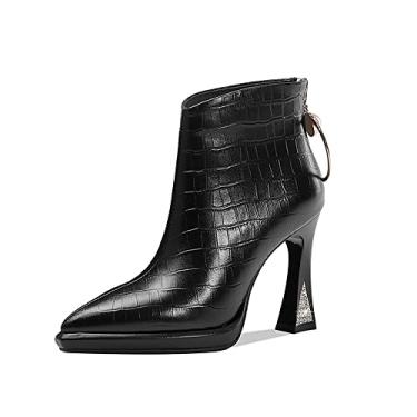 Imagem de TinaCus Bota feminina de couro genuíno com bico fino, feita à mão, zíper nas costas com anel, salto alto chique, Preto, 37