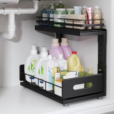 Imagem de Biboraya 1 pacote organizador sob a pia para trilhos profissionais, armazenamento de armário duplo de 2 níveis, gavetas deslizantes ajustáveis em altura para banheiro e cozinha, prateleira embaixo da