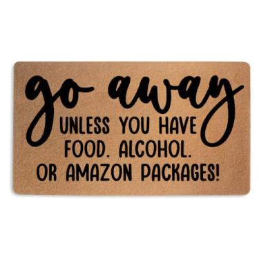 Imagem de Go Away Capacho de porta engraçado de coco sintético com suporte de PVC antiderrapante 45,7 x 76,6 cm, tapetes engraçados de boas-vindas para entrada interna ao ar livre, decoração de varanda para