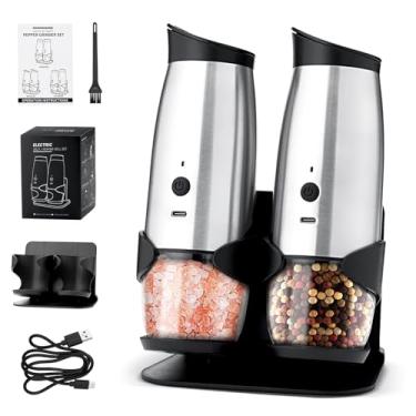 Imagem de Conjunto de moedor elétrico de sal e pimenta, moedor automático de sal e pimenta com grossura ajustável e luz LED, conjunto de moedor elétrico de especiarias recarregável por USB de grande capacidade