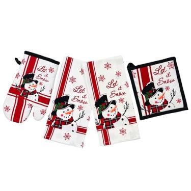 Imagem de Toalha de prato e suporte de panela para cozinha de férias - Conjunto de 4 bonecos de neve 100% algodão "Let It Snow" com design de flocos de neve - duas (2) toalhas de cozinha, uma (1) luva de forno
