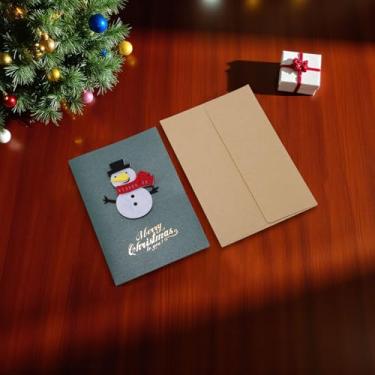 Imagem de 1 conjunto de cartão de felicitações de Natal boneco de neve de Natal com papel envelope verde escuro branco 15 x 10 cm