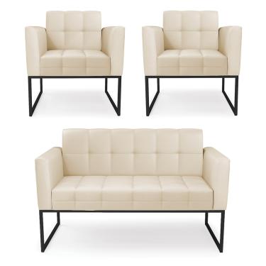 Imagem de Kit 1 Sofá Namoradeira e 2 Poltronas Elisa Corino Bege Base Metálica Industrial Preto D03 - D'Rossi
