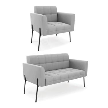 Imagem de Sofá Namoradeira e Poltrona Pé de Ferro Preto para Sala Elisa Suede Cinza D03 - D'Rossi
