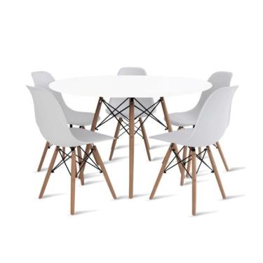 Imagem de Conjunto De Mesa De Jantar Eames Eiffel Redonda 110cm Tampo De Madeira Branco Com 5 Cadeiras Brancas